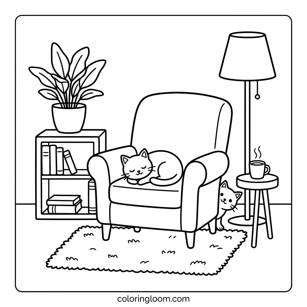 Free Printable Cozy Corner Coloring Sheet 1