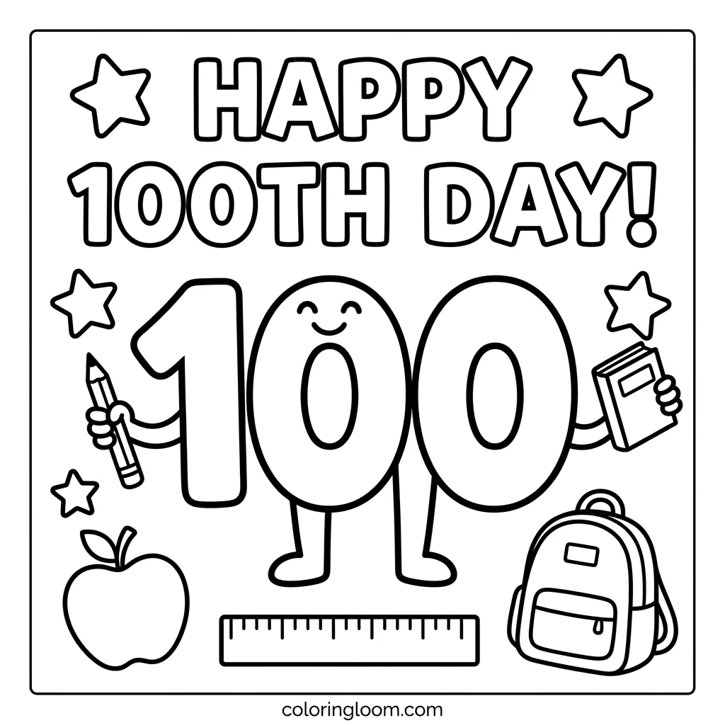 Free 100th Day of School Coloring Pages Printable PDF for Kids Sheet 1
