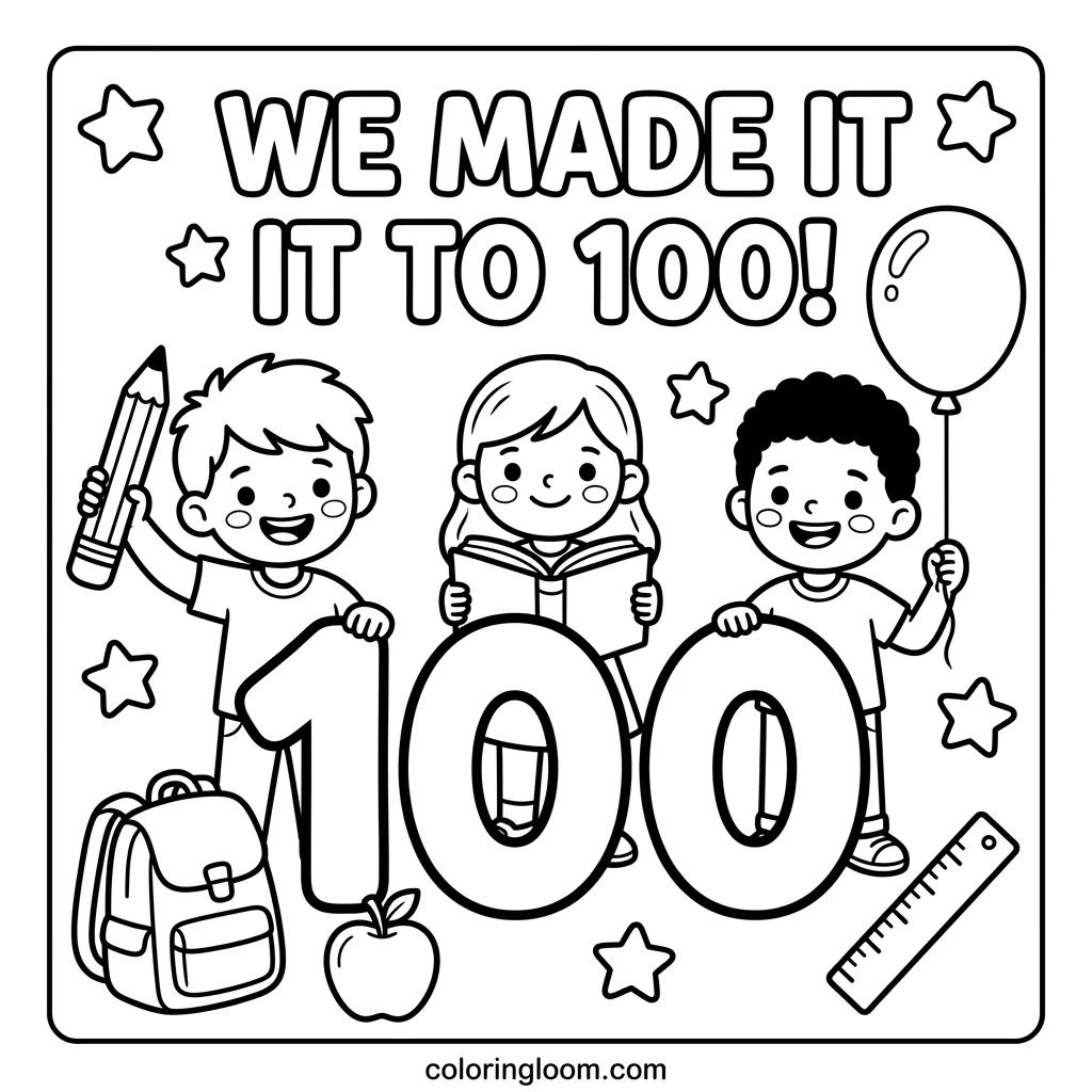 Free 100th Day of School Coloring Pages Printable PDF for Kids Sheet 4