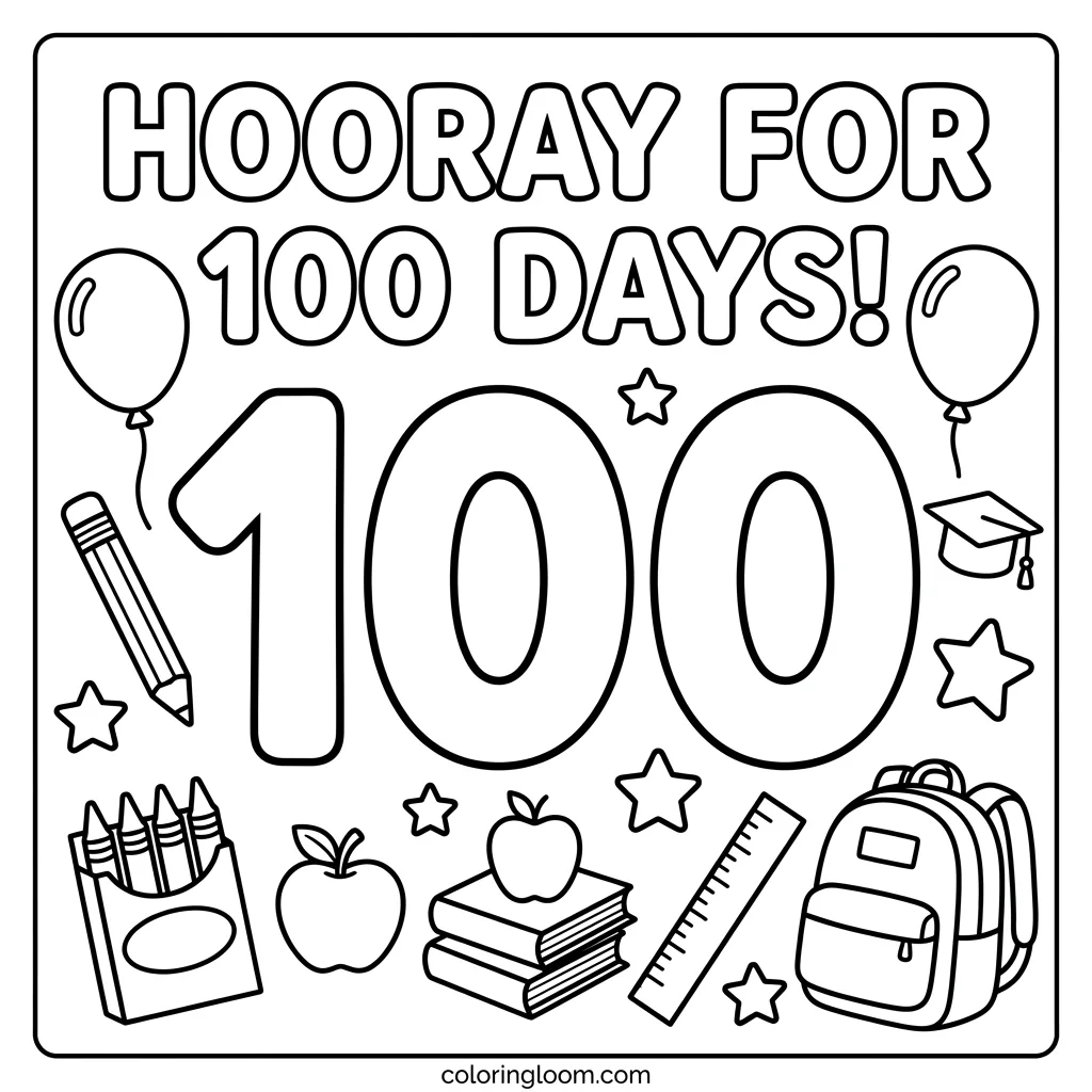 Free 100th Day of School Coloring Pages Printable PDF for Kids Sheet 9