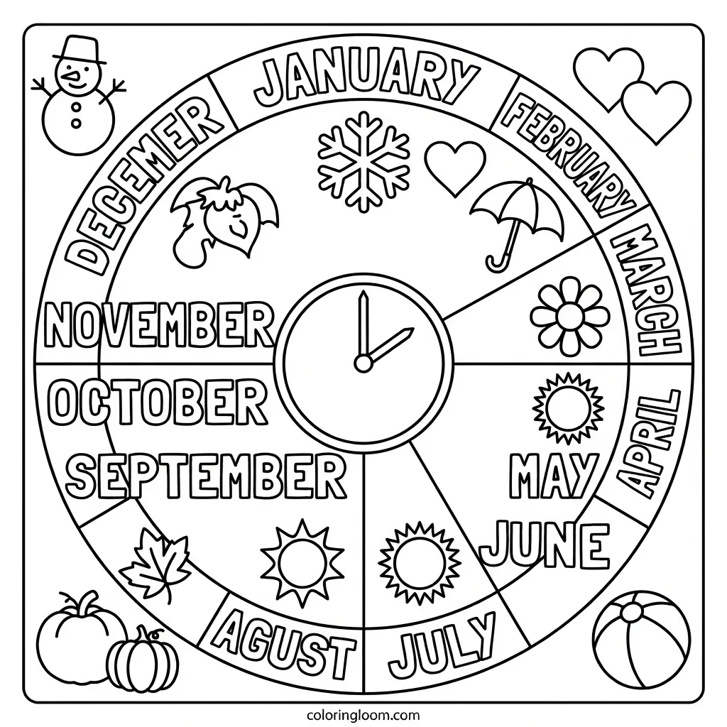 Free All Month Coloring Pages Printable PDF for Kids Sheet 1