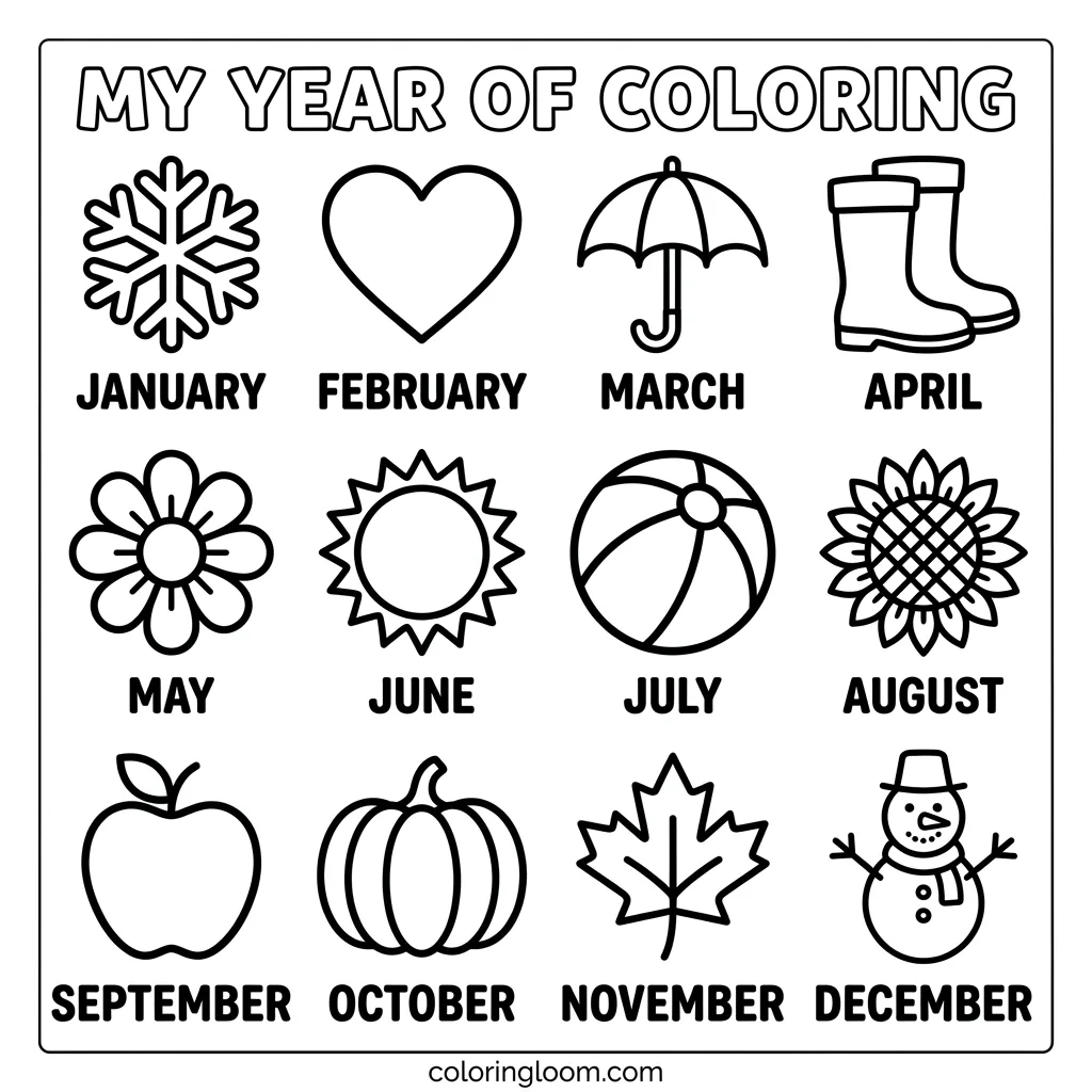 Free All Month Coloring Pages Printable PDF for Kids Sheet 2