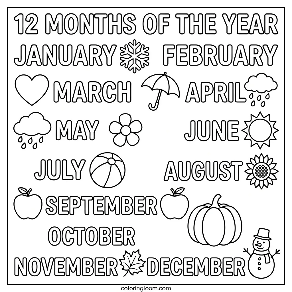 Free All Month Coloring Pages Printable PDF for Kids Sheet 7