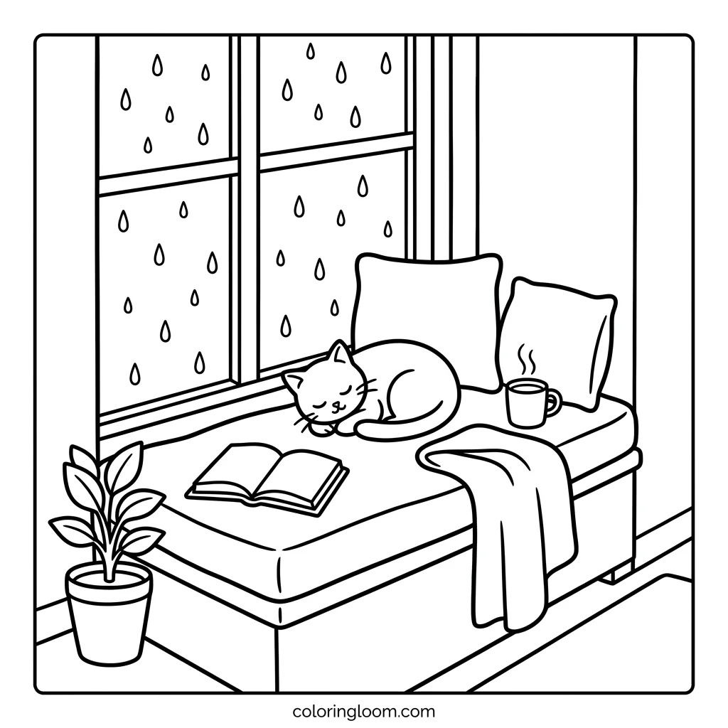 Free Printable Cozy Corner Coloring Page for Adults 2