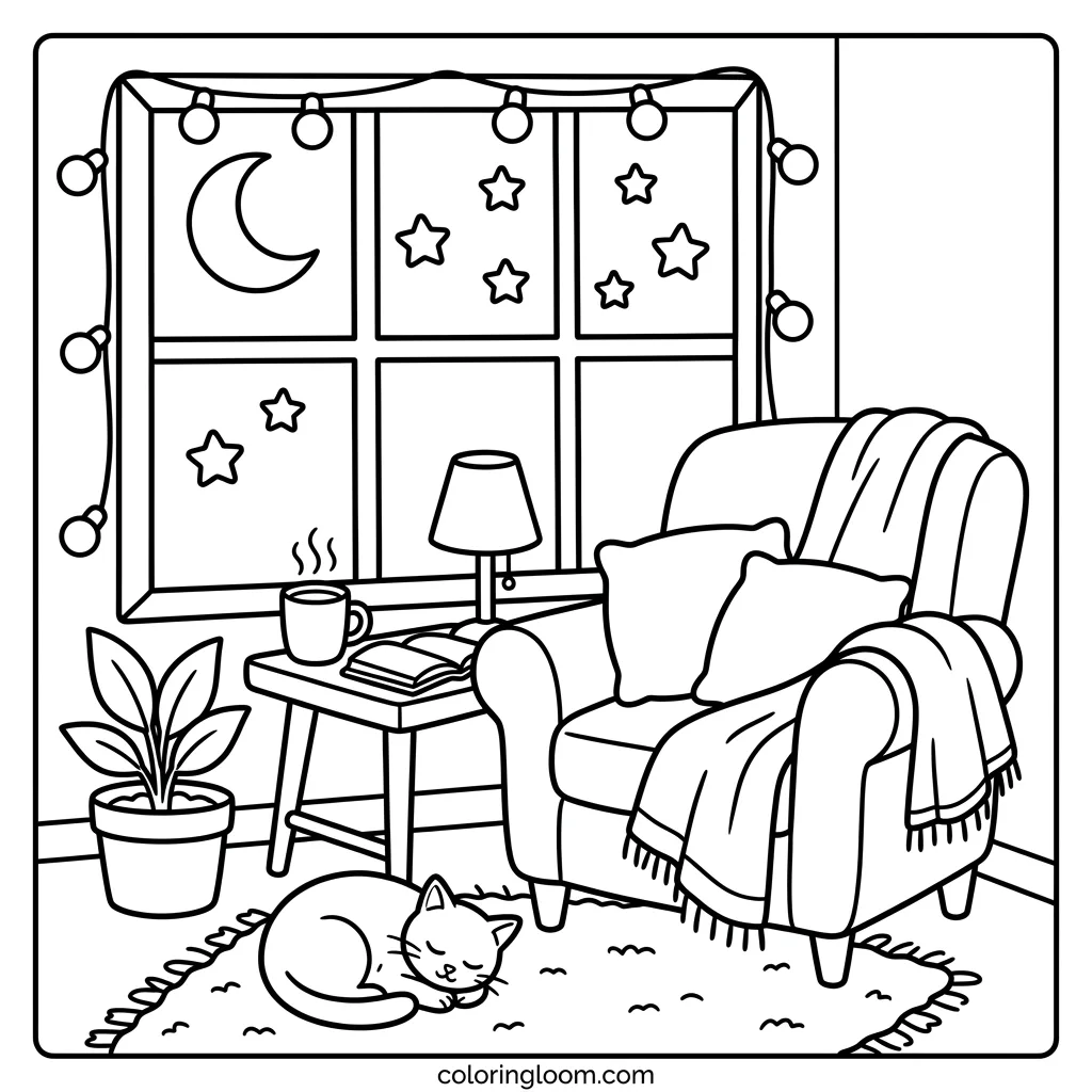 Free Printable Cozy Corner Coloring Page for Adults 3