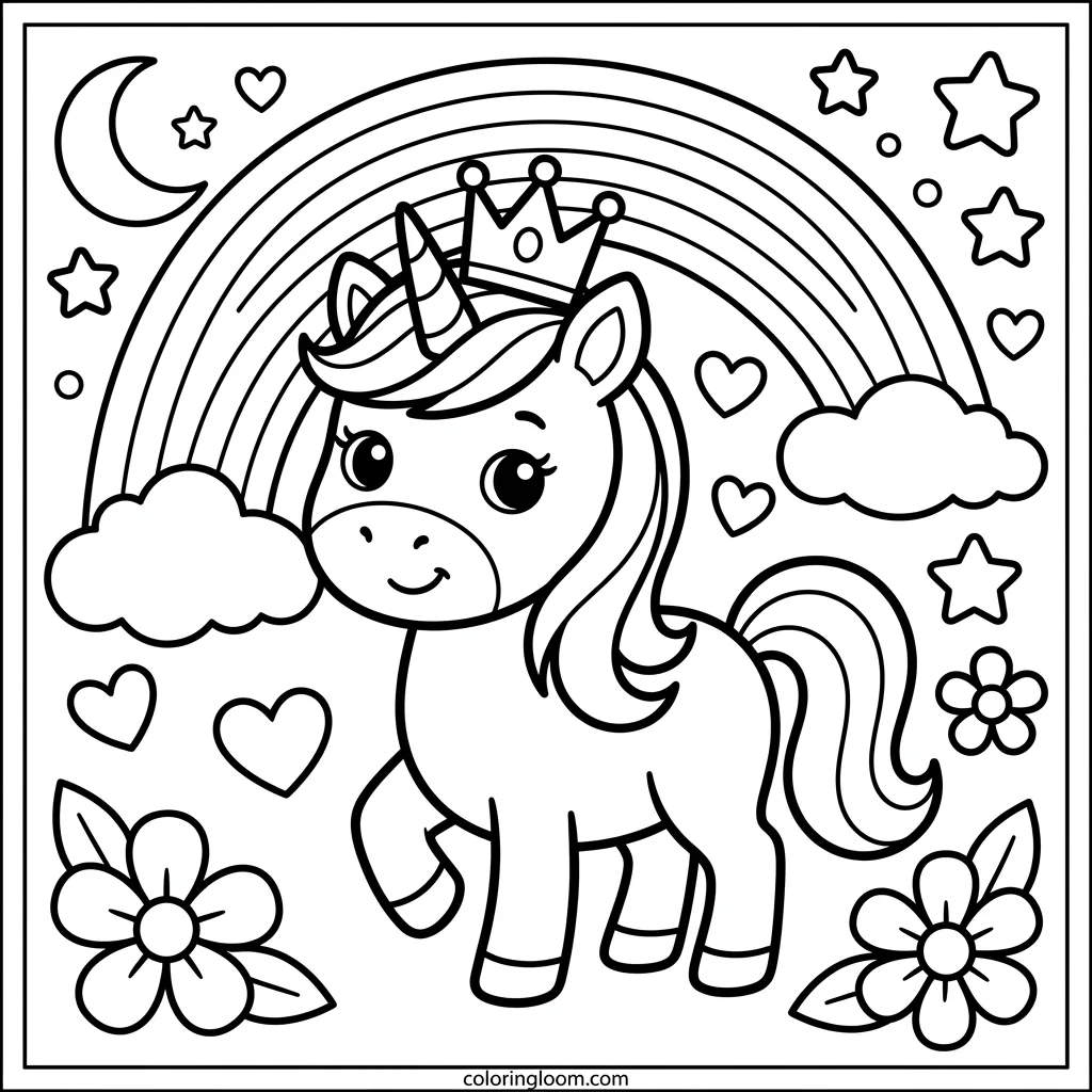 Free Cute Unicorn Coloring Pages Printable PDF for Kids Sheet 9
