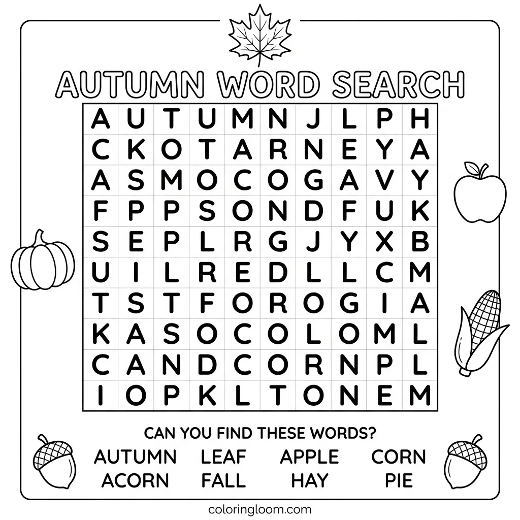 Free Fall Word Search Printables for Kids PDF Sheet 1