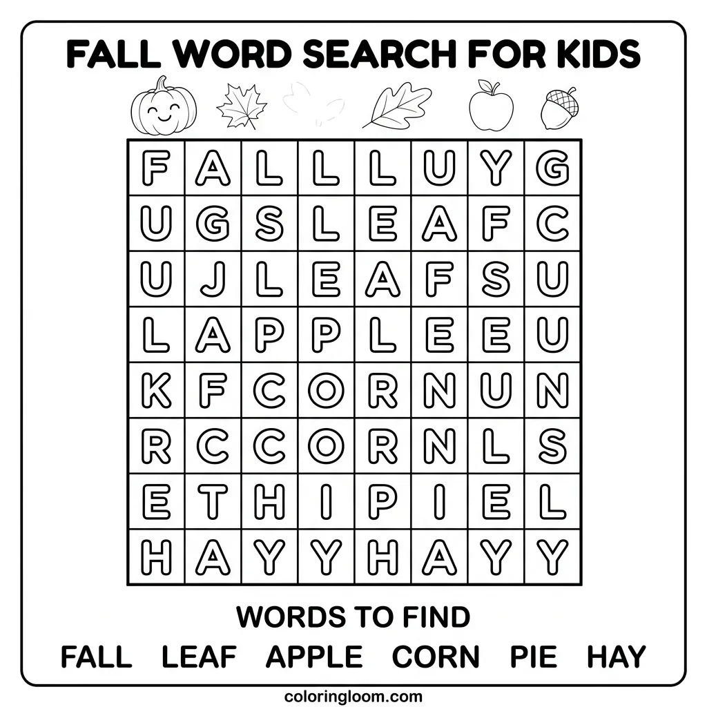 Free Fall Word Search Printables for Kids PDF Sheet 4