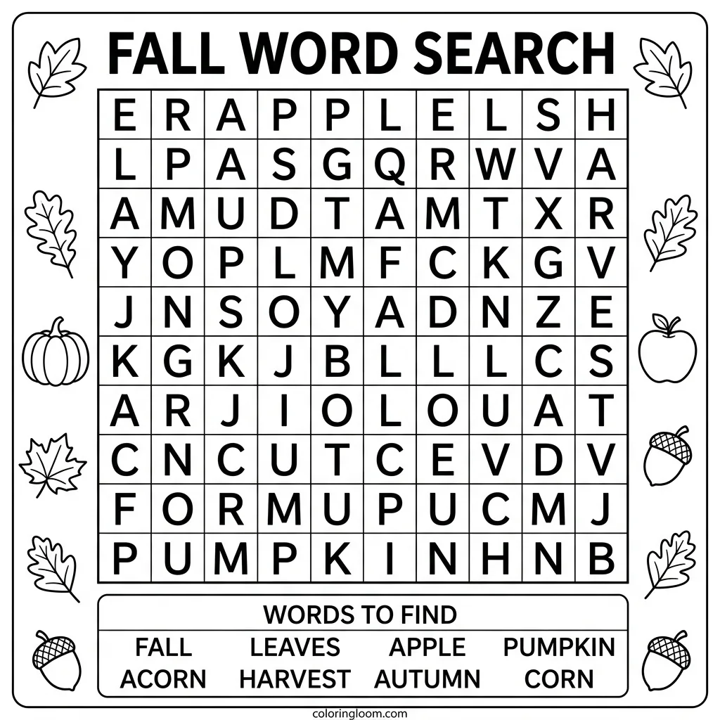 Free Fall Word Search Printables for Kids PDF Sheet 5