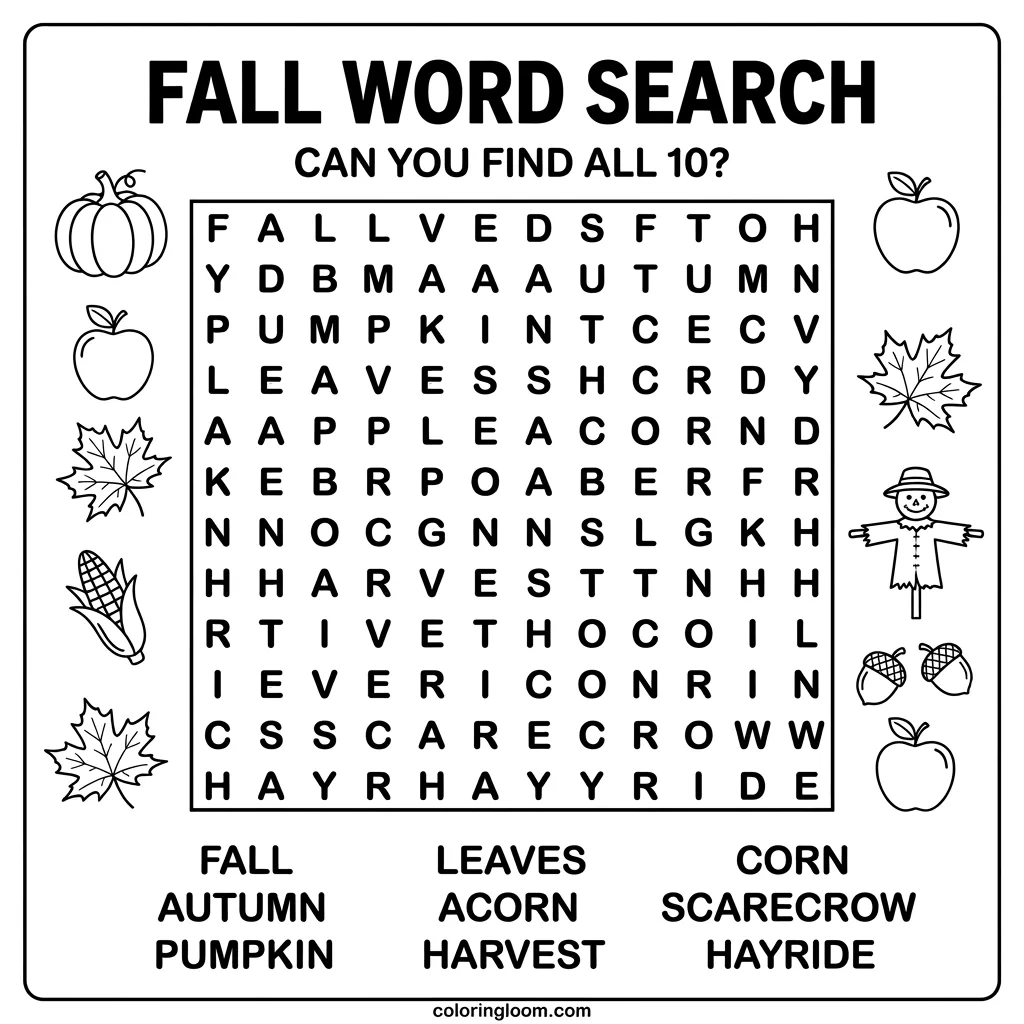 Free Fall Word Search Printables for Kids PDF Sheet 6