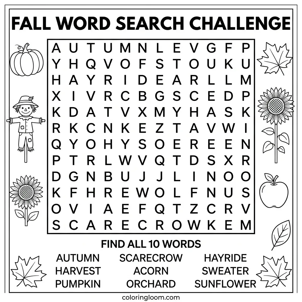 Free Fall Word Search Printables for Kids PDF Sheet 8