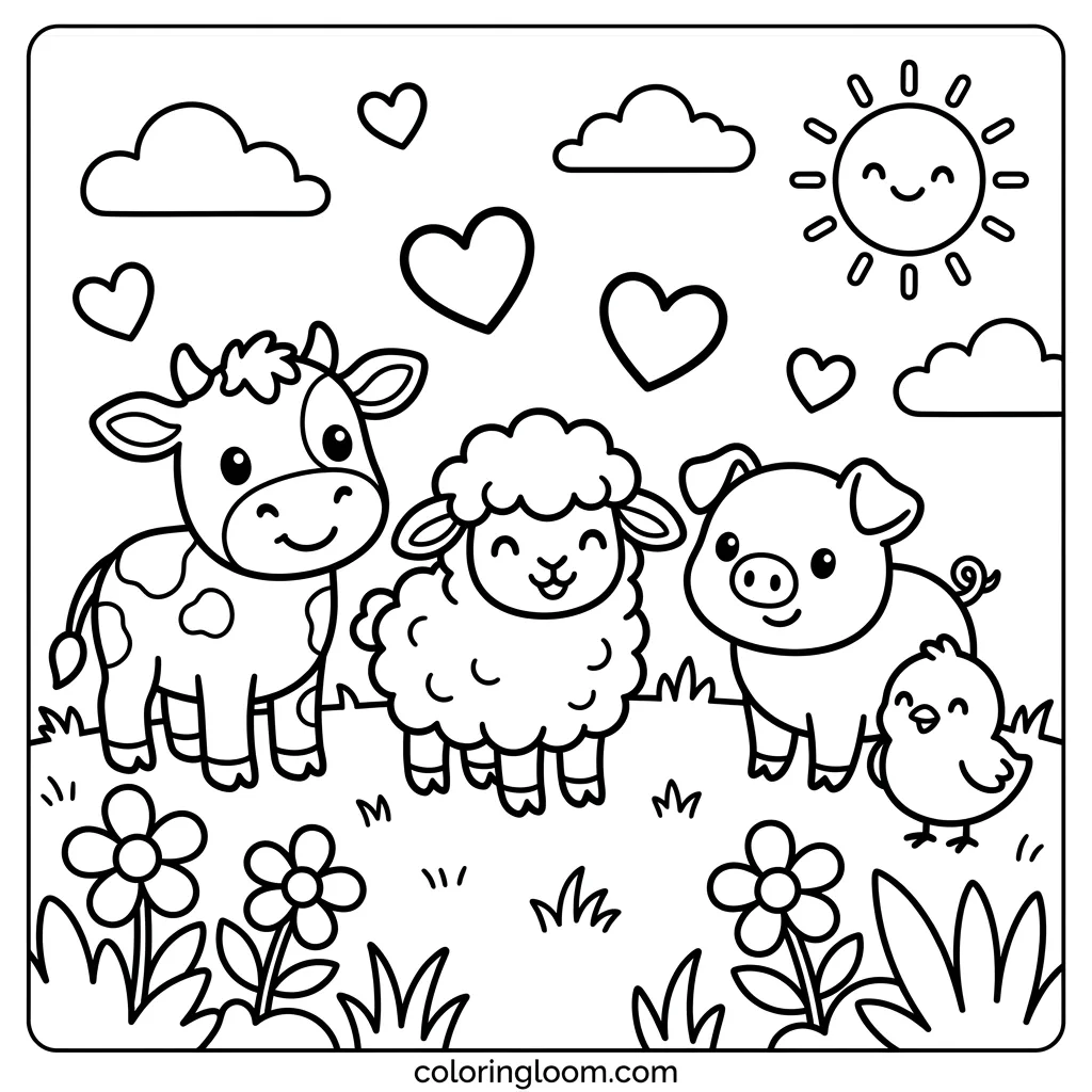 Free Farm Animal Coloring Pages Printable PDF for Kids Sheet 1