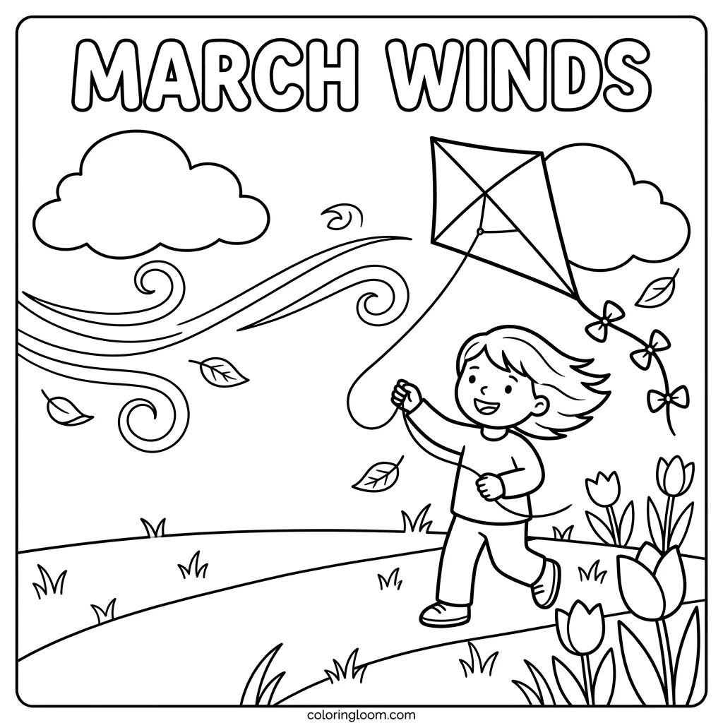 Free March Coloring Pages Printable PDF for Kids Sheet 1