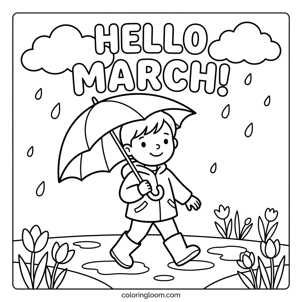 Free March Coloring Pages Printable PDF for Kids Sheet 3