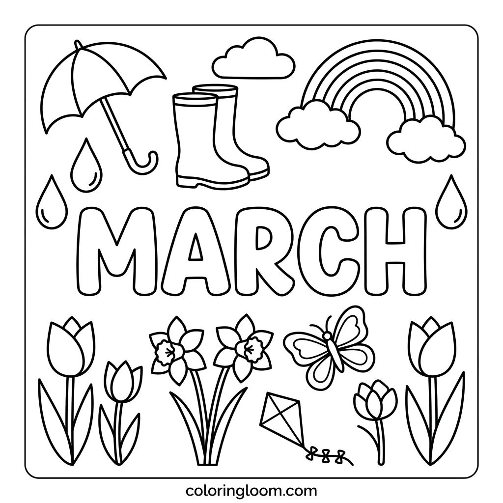Free March Coloring Pages Printable PDF for Kids Sheet 4