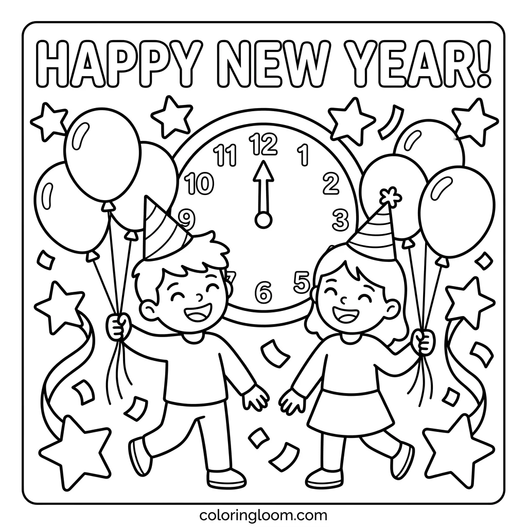 Free New Year’s Coloring Pages for Kids Printable PDF Sheet 1