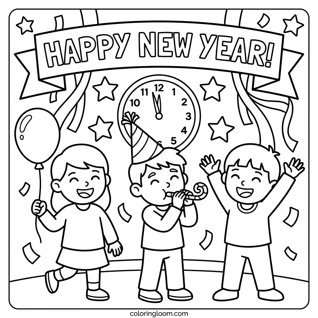 Free New Year’s Coloring Pages for Kids Printable PDF Sheet 2