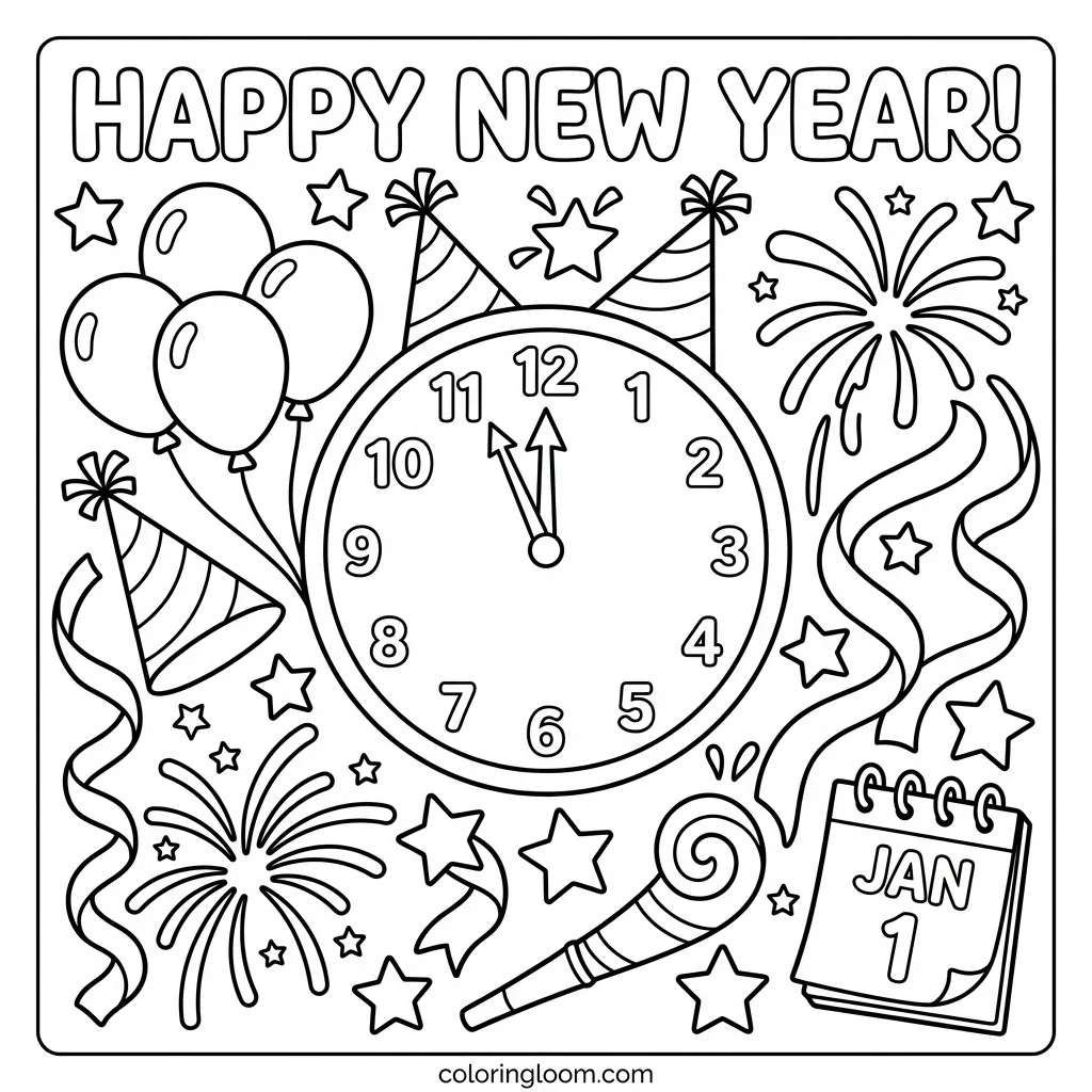 Free New Year’s Coloring Pages for Kids Printable PDF Sheet 5