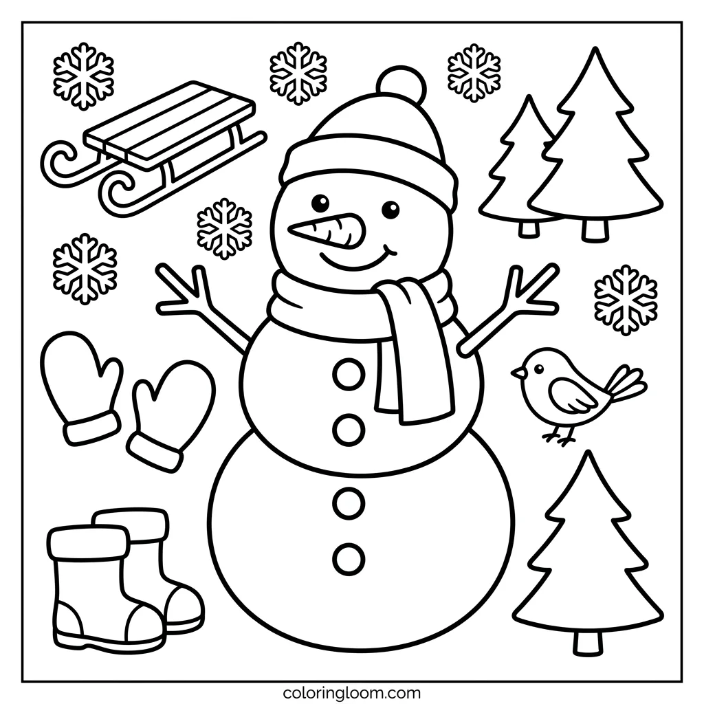 Free Snowman Coloring Pages Printable PDF for Kids Sheet 6