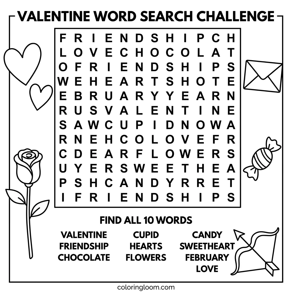 Free Valentine Coloring Cards Printable PDF for Kids Sheet 1