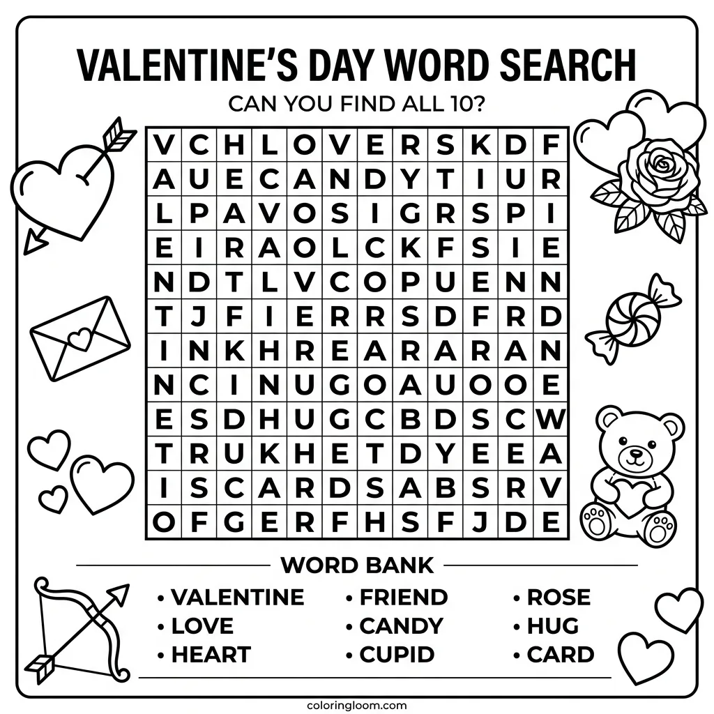 Free Valentine Coloring Cards Printable PDF for Kids Sheet 10