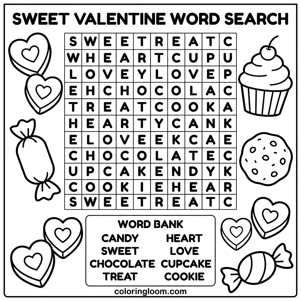 Free Valentine’s Day Coloring Pages Printable PDF for Kids Sheet 2