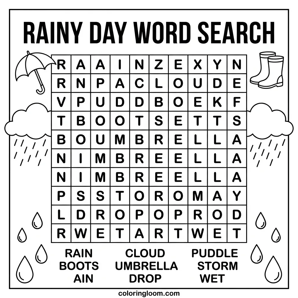 Free Weather Word Search Printables PDF for Kids Sheet 1