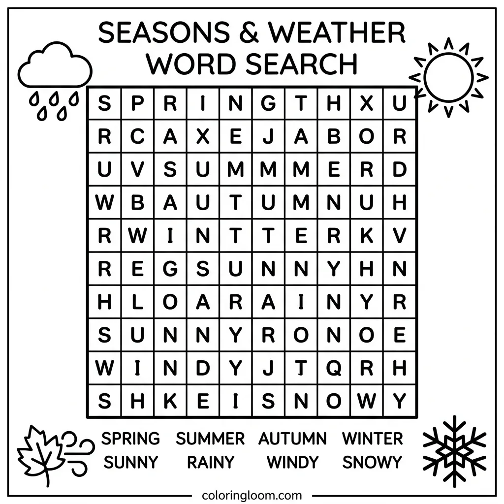Free Weather Word Search Printables PDF for Kids Sheet 2