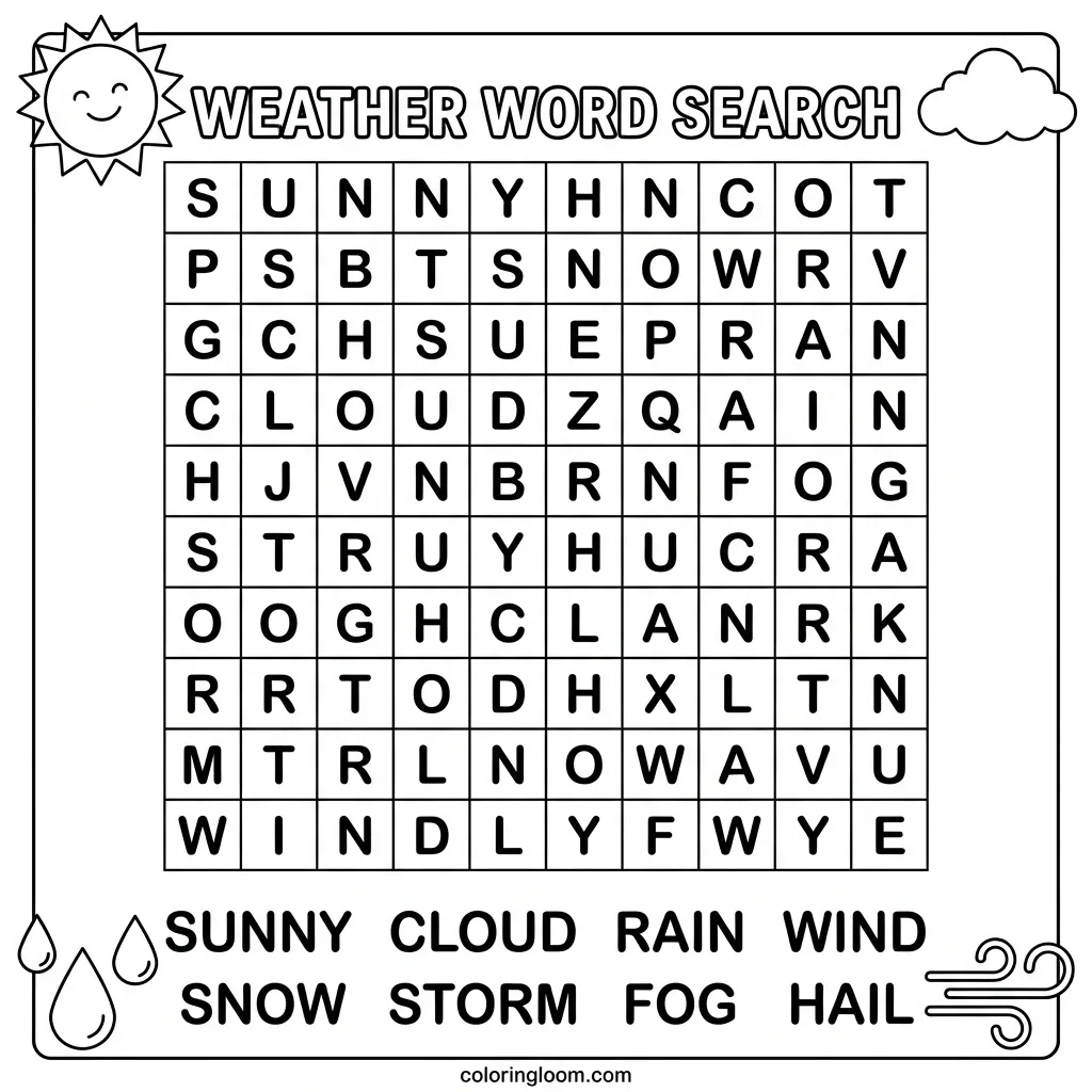 Free Weather Word Search Printables PDF for Kids Sheet 5