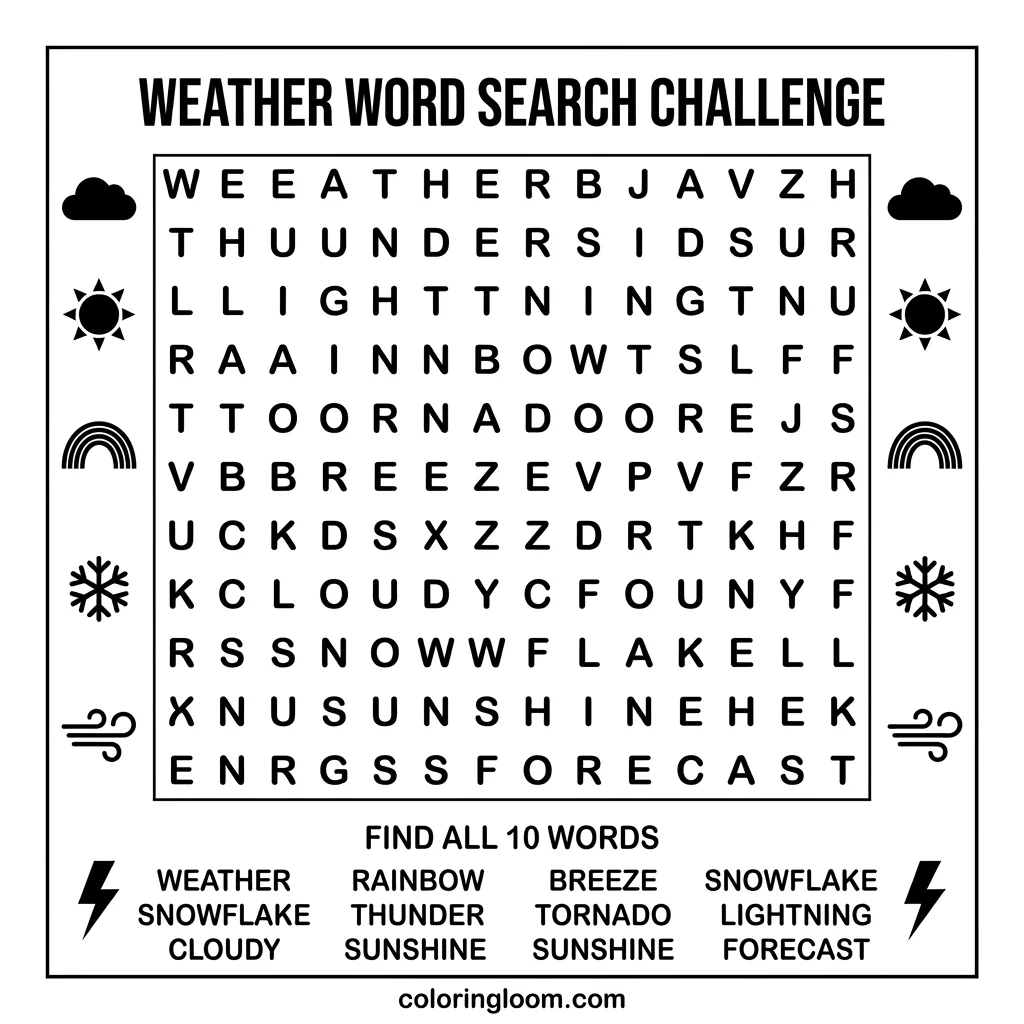 Free Weather Word Search Printables PDF for Kids Sheet 6