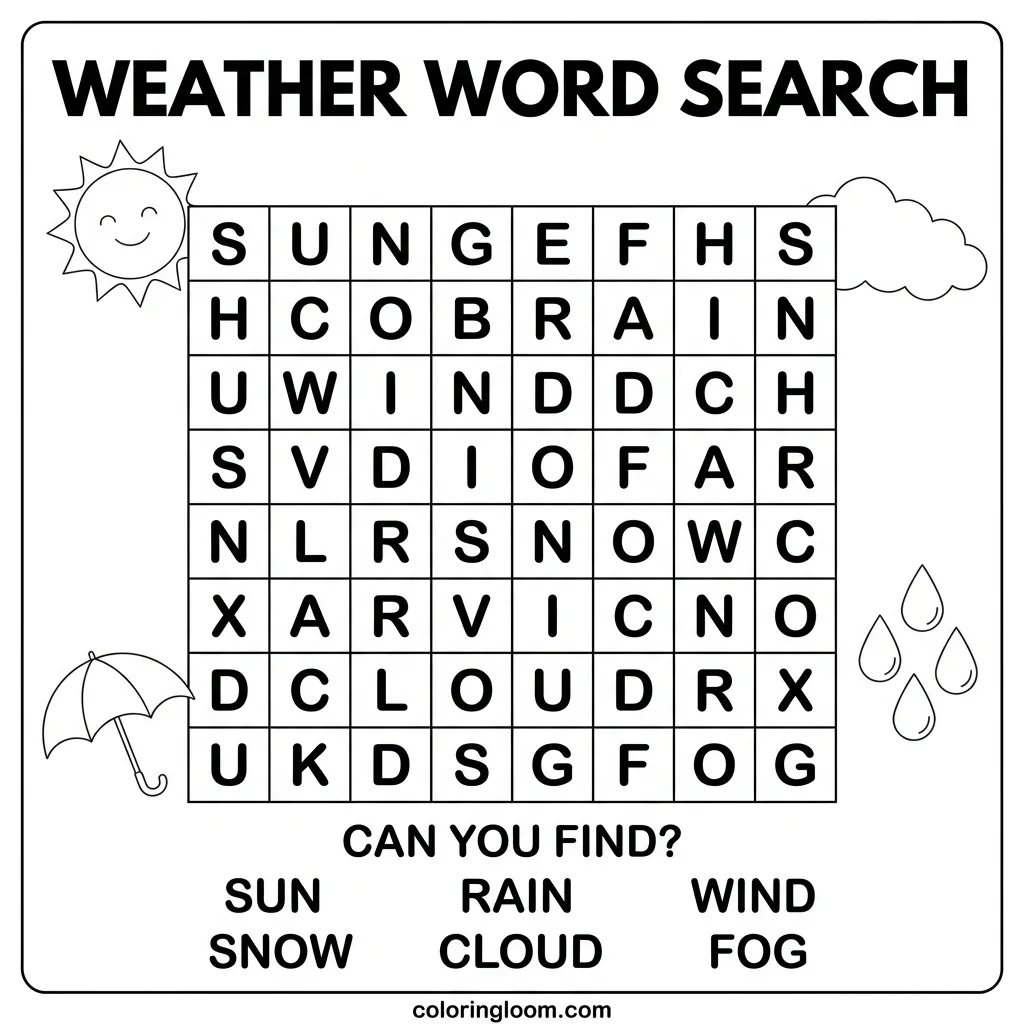 Free Weather Word Search Printables PDF for Kids Sheet 9