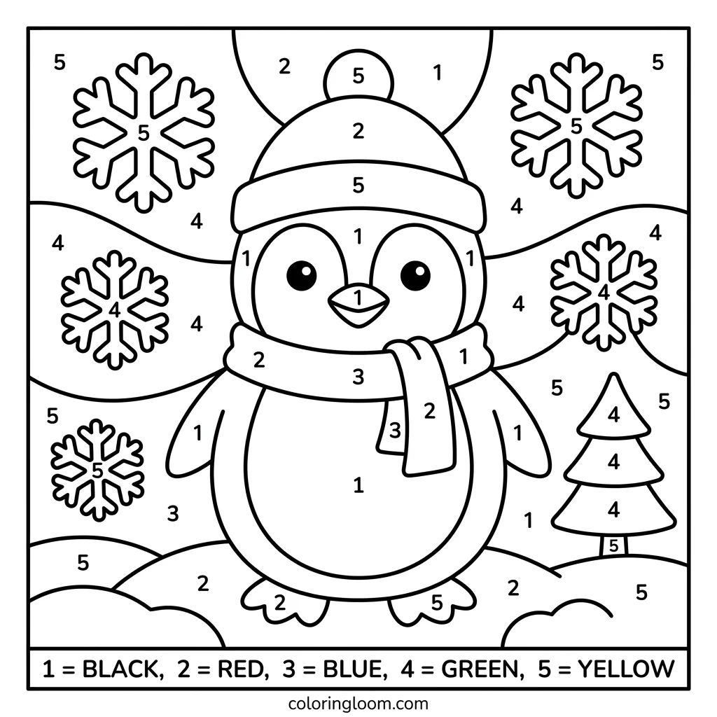Free Winter Color-By-Number Printables for Kids PDF Sheet 1