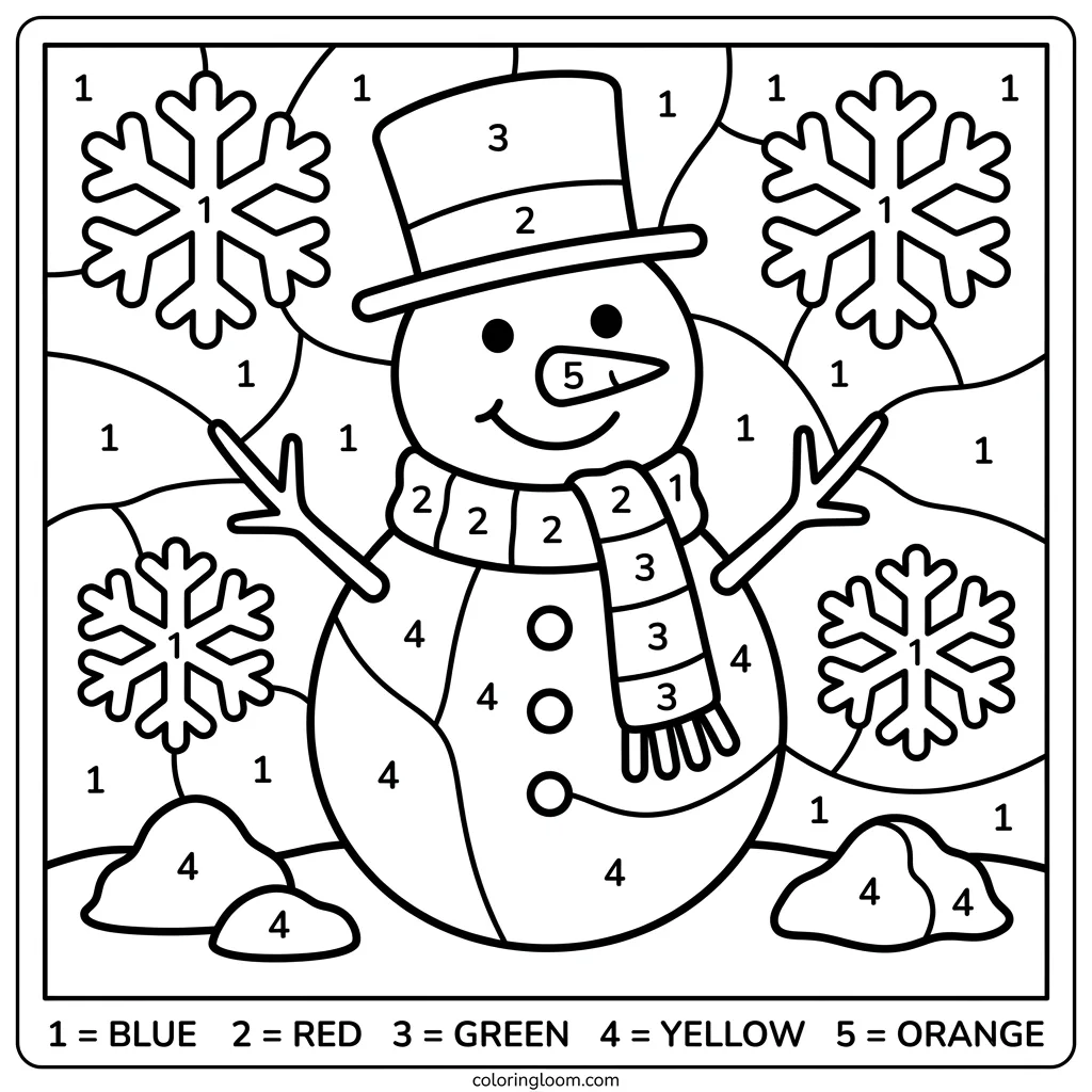Free Winter Color-By-Number Printables for Kids PDF Sheet 2