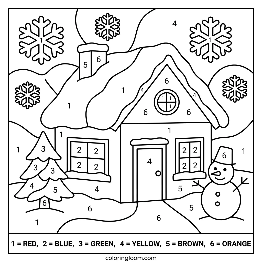 Free Winter Color-By-Number Printables for Kids PDF Sheet 3