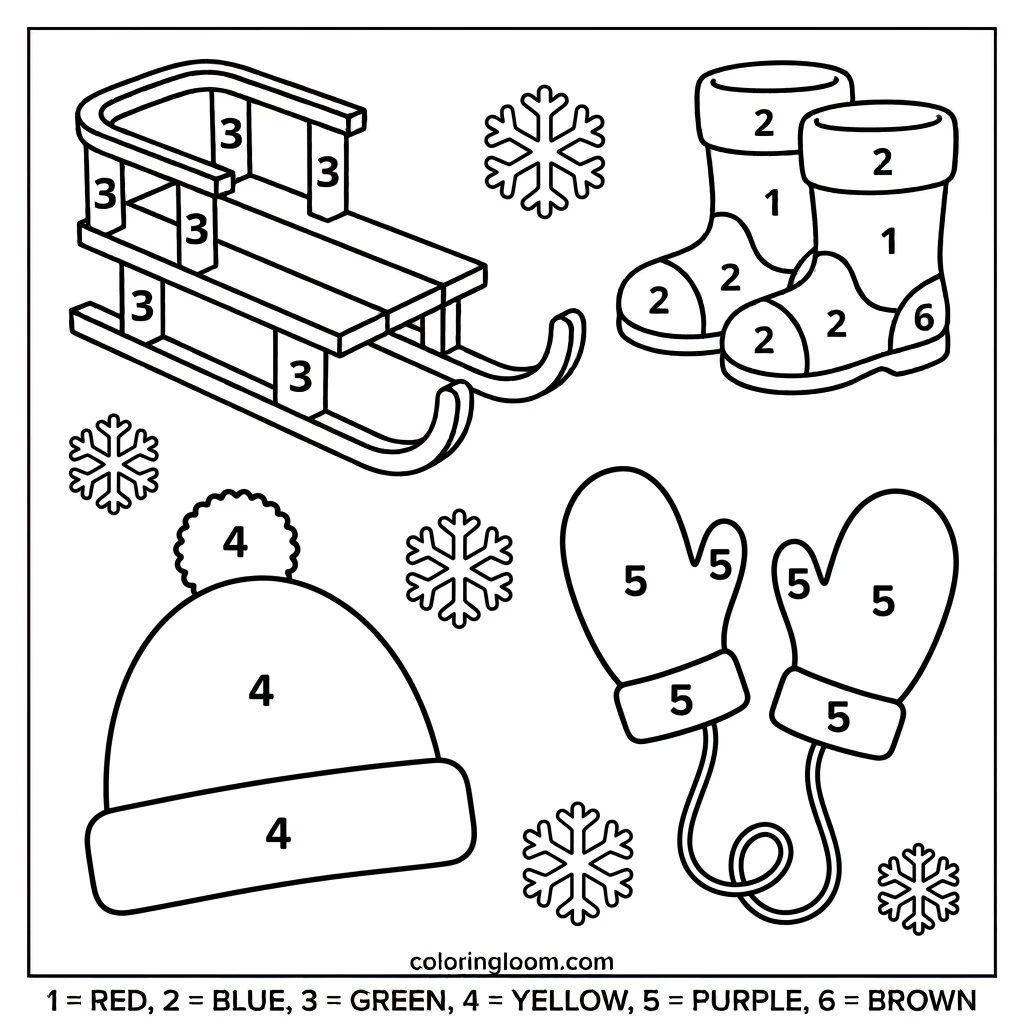 Free Winter Color-By-Number Printables for Kids PDF Sheet 4