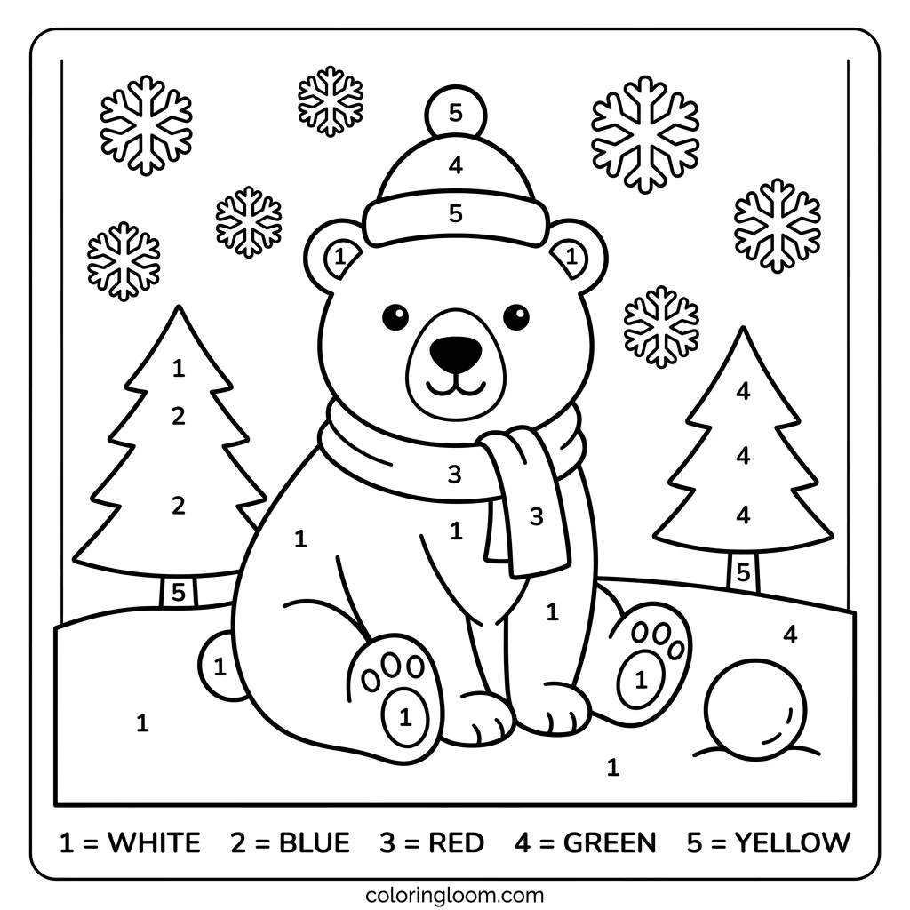 Free Winter Color-By-Number Printables for Kids PDF Sheet 5