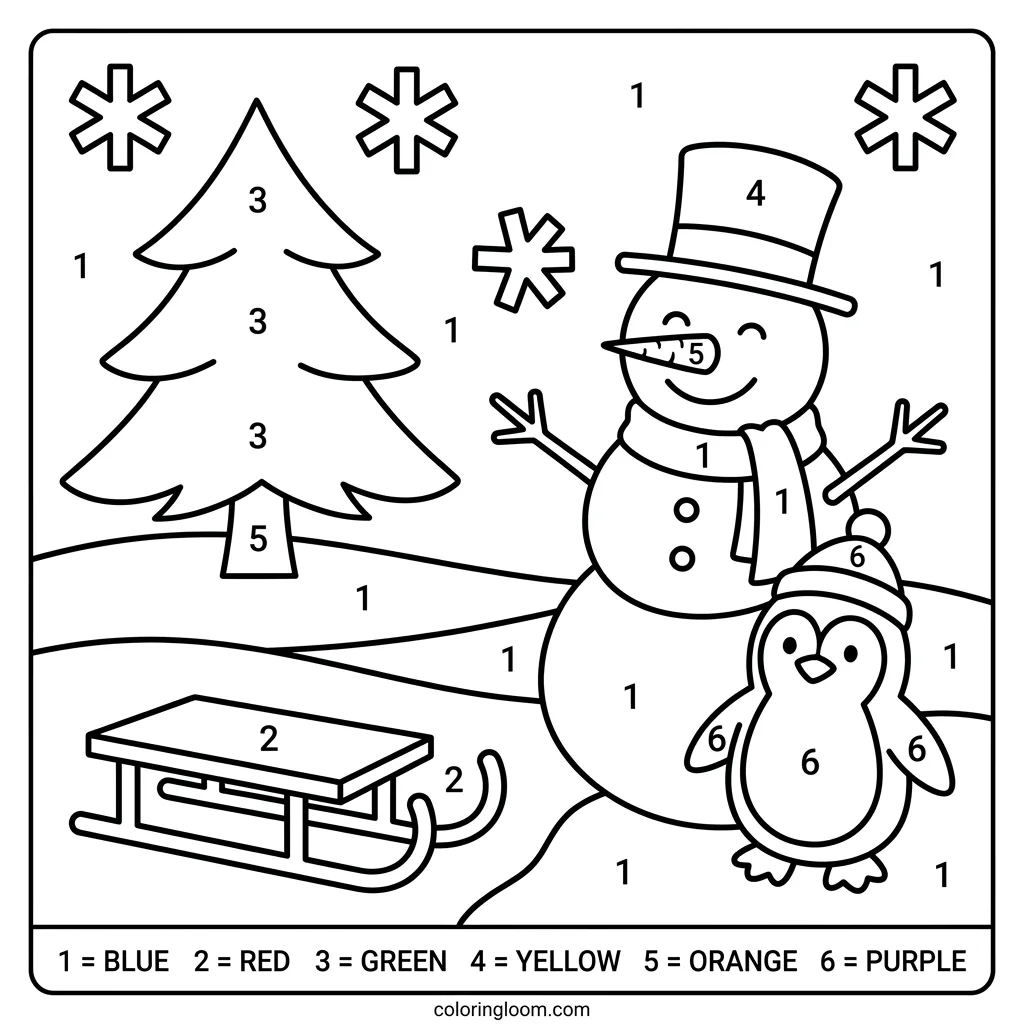 Free Winter Color-By-Number Printables for Kids PDF Sheet 6