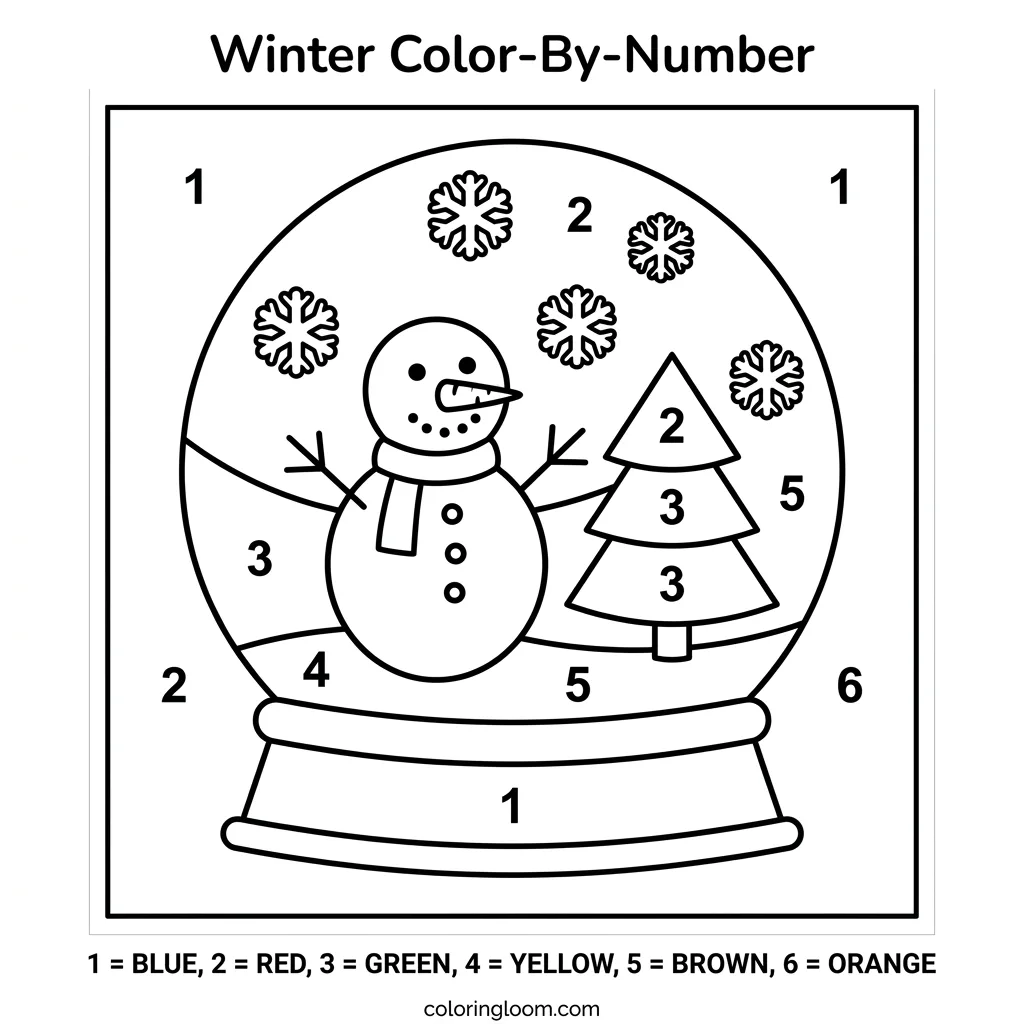 Free Winter Color-By-Number Printables for Kids PDF Sheet 7