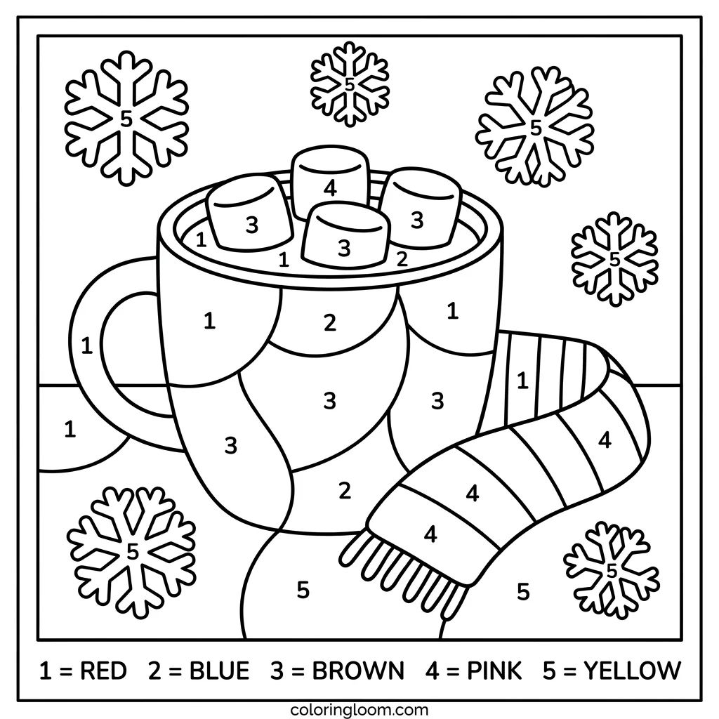 Free Winter Color-By-Number Printables for Kids PDF Sheet 8