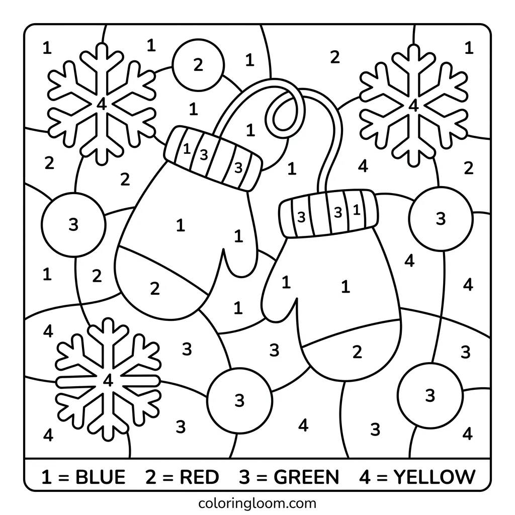 Free Winter Color-By-Number Printables for Kids PDF Sheet 9